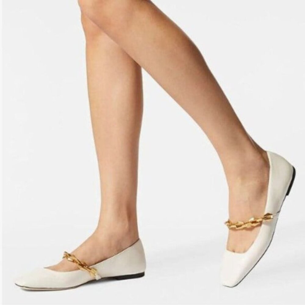 Miss Left White Chain Strap Mary Janes Closed Square Toe Dressy Ballet Flats